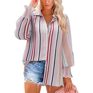 siliteelon Button Down Striped Shirts for Women Smocked Cuffed Long Sleeve Oversized Boyfriend Blouses Collared Work Tops (Pink, M)