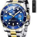 OLEVS Men's Watches with Date, Premium Gold and Silver Stainless Steel Analog Watches for Men, Classic Rotatable Bezel Men's Cuff Watches, Blue/Green/Black Dial