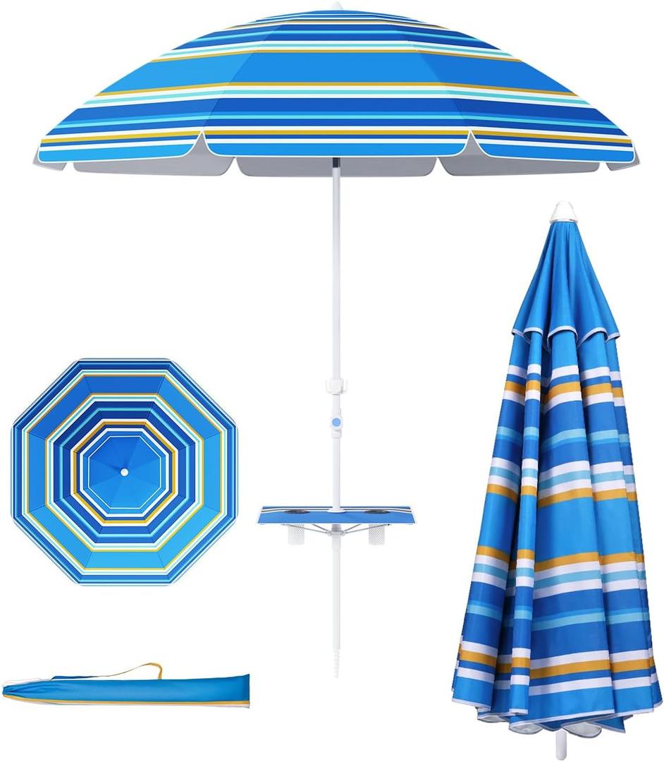7ft Beach Umbrella with Sand Anchor, Summer Carnival | Portable Sunshade Outdoor Patio Umbrella with 8 Sturdy Ribs Air Vent Push Button Tilt and Crank for Backyard, Pool and Beach