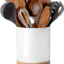 Nucookery 360 Rotating Utensil Holder, 7.2" Large Utensil Crock, White Ceramic Cooking Utensil Organizer with Countertop-Protection Cork Bottom for Farmhouse Kitchen Decor Christmas Gift (White)