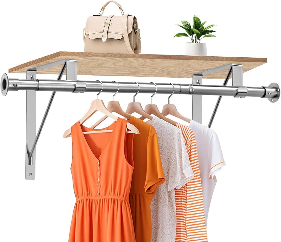 Closet Rod, 16 to 63 Inch Closet Rods Heavy Duty Adjustable Wardrobe Poles for Hanging Clothes and Heavy Duty Bracket Closet Pole Support (The Shelf NOT Included)(Silver)