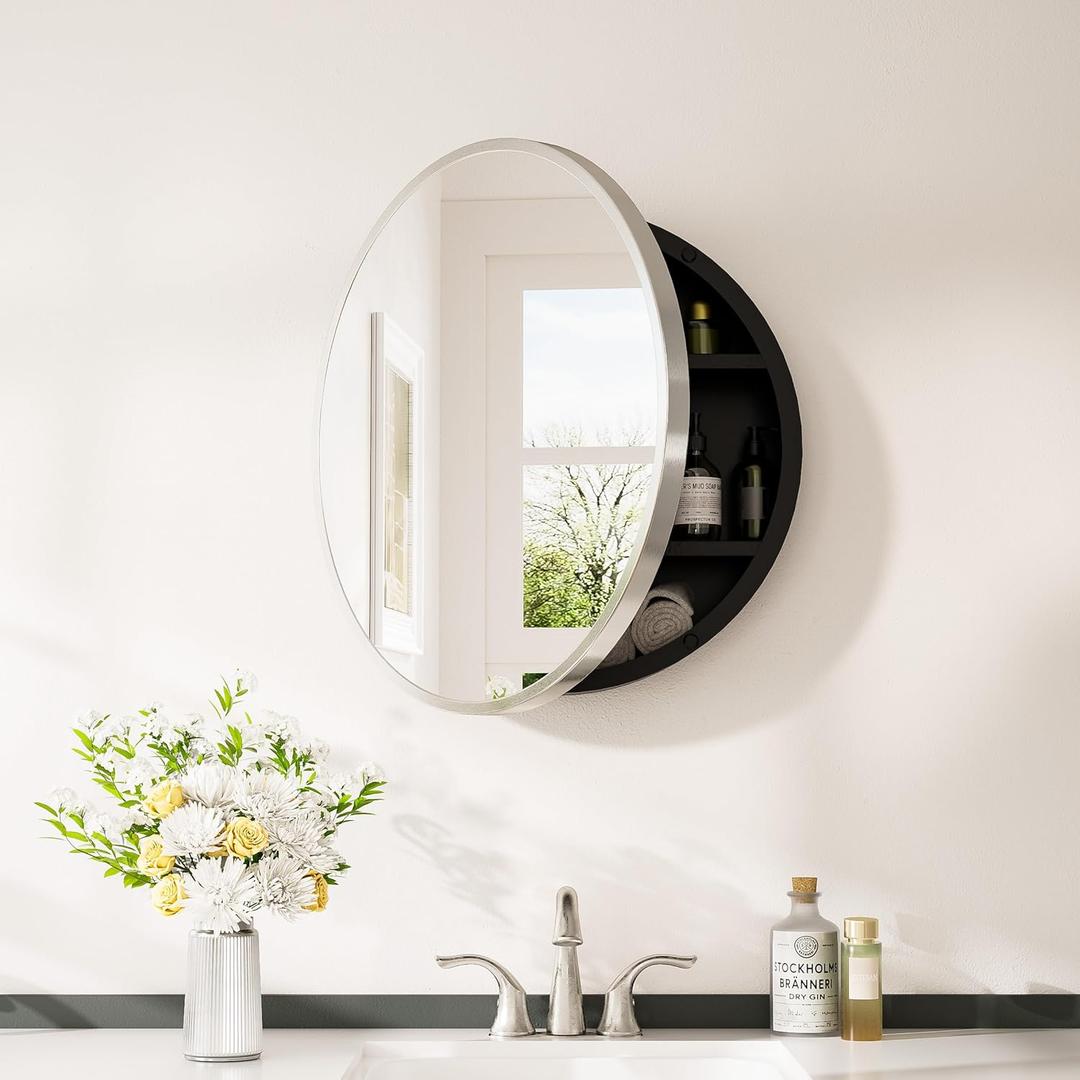 Keonjinn 24" x 24" Round Medicine Cabinet Mirror, Brushed Nickel Mirror Medicine Cabinet Wall Mounted, Circular Medicine Cabinets with Mirrors, Circle Framed Vanity Mirror with Storage