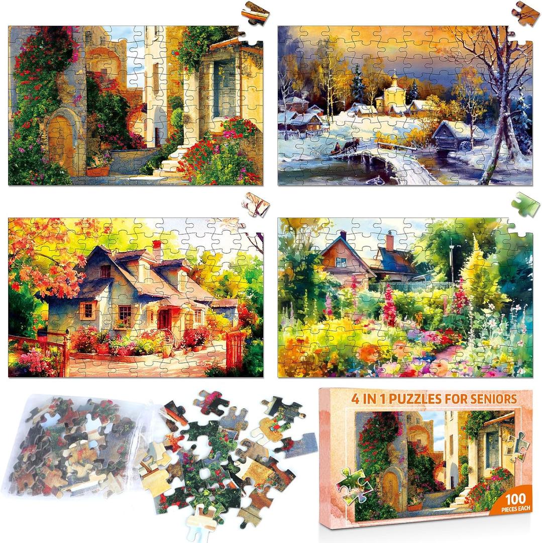 ZOiiWA 4 Pack 100 Pcs Dementia Puzzles for Elderly Country Life Dementia Alzheimers Products and Activities for Seniors Alzheimers Puzzles Memory Cognitive Games for Seniors Gift for Elderly Adults