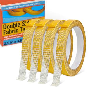Double Sided Fabric Tape Heavy Duty for Hem, Fashion Dress, Cloth, Curtains, No Sewing or Ironing need, High Adhesive Sticky but Removable and Residue free, Multipurpose, 0.5 in x 33FT/10m x 4Rolls