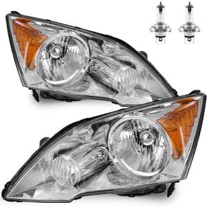 Headlights Assembly for 2007-2011 Honda CR-V Halogen Headlamp Replacement, High/Low Beam W/Bulbs, Driver & Passenger Side