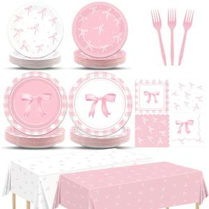 98pcs Pink Bow Party Supplies Bow Birthday Party Plates and Napkin Tablecloth Pink Bows Decoration for Girl Bachelorette Bridal Engagement Baby Shower Cute Tableware Table Cover Serve 24