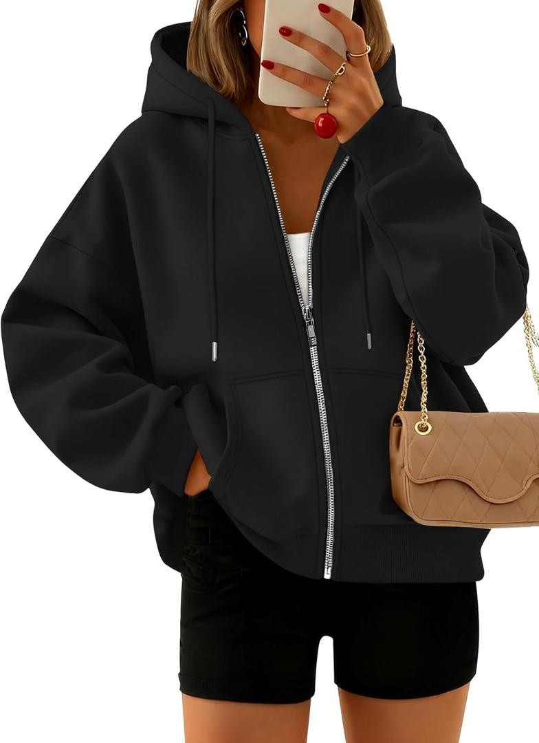 Trendy Queen Zip Up Hoodies For Women Cropped Sweatshirts Fall Fashion Outfits 2026 Y2k Fleece Teen Girls Clothes (Small, Black)