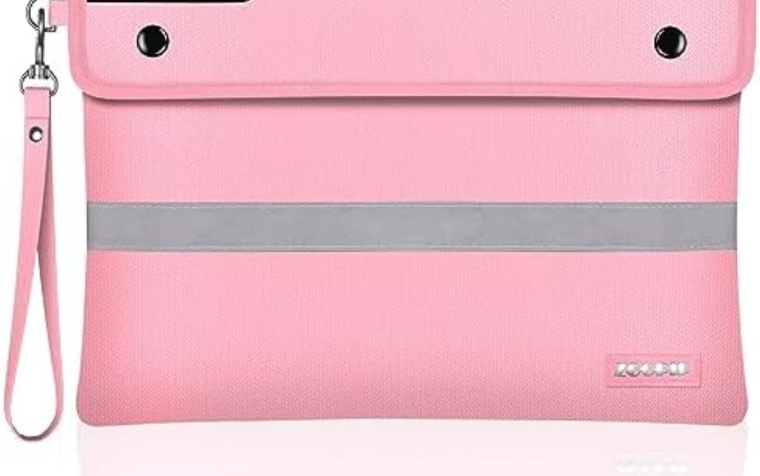 Fireproof Document Bag with Lock, 4200°F Heat Insulated Waterproof Bag, (14x10'')8 Layers of Functional Materials, Reflective Strip for Fast Find, Protect Your Currency, Passport,Valuables(Ash Pink)