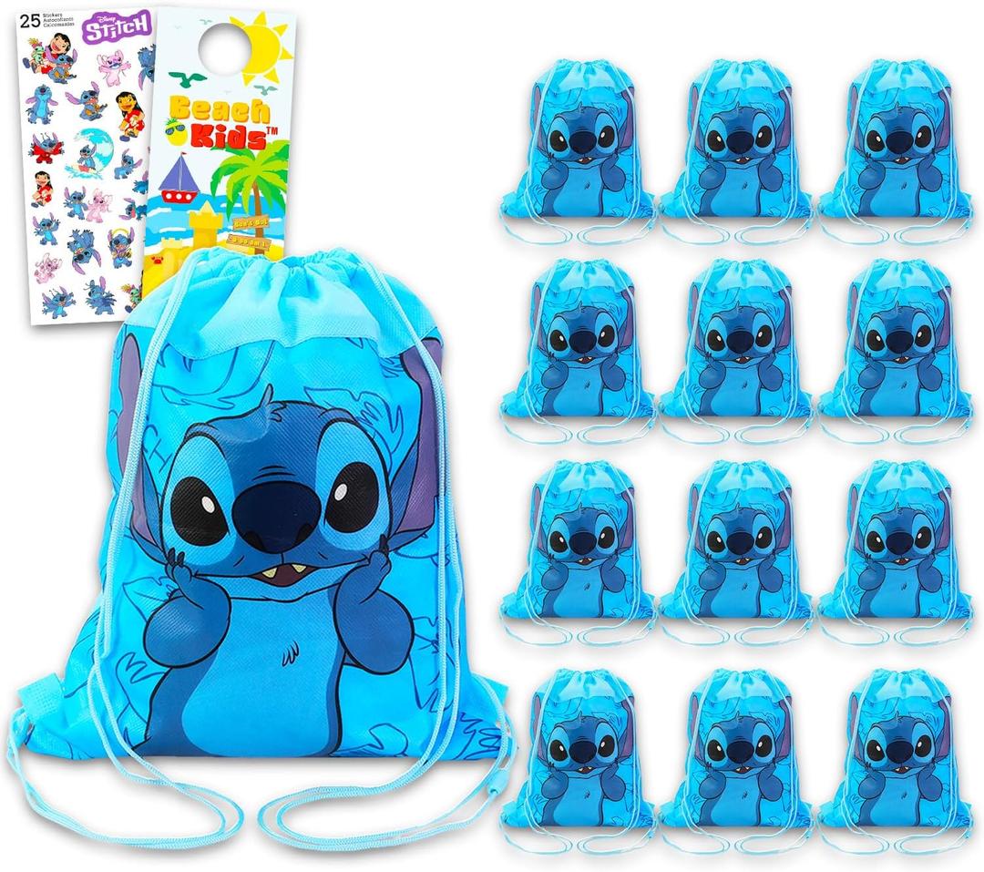 Disney Stitch Party Favor Bags Set - Bundle with 12 Stitch Drawstring Bags for Kids Plus Stickers, More Birthday Party Supplies Pack
