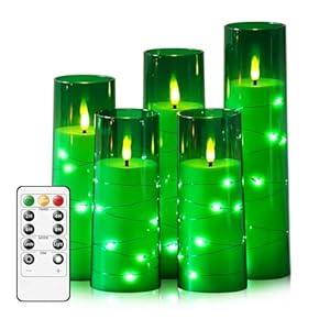 kakoya Flameless LED Candles with Timer 5 Pc Flickering Flameless Candles for Romantic Ambiance and Home Decoration Stable Acrylic Shell, with Embedded Star String，Battery Operated Candles（Green）