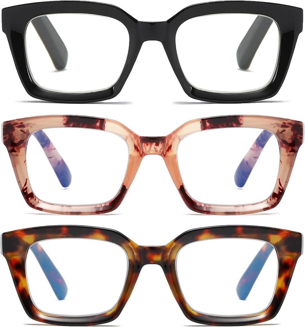 3 Pack Oversize Square Design Reading Glasses for Women, Blue Light Blocking Computer Reader Black & Pink & Leopard, 2.00 X