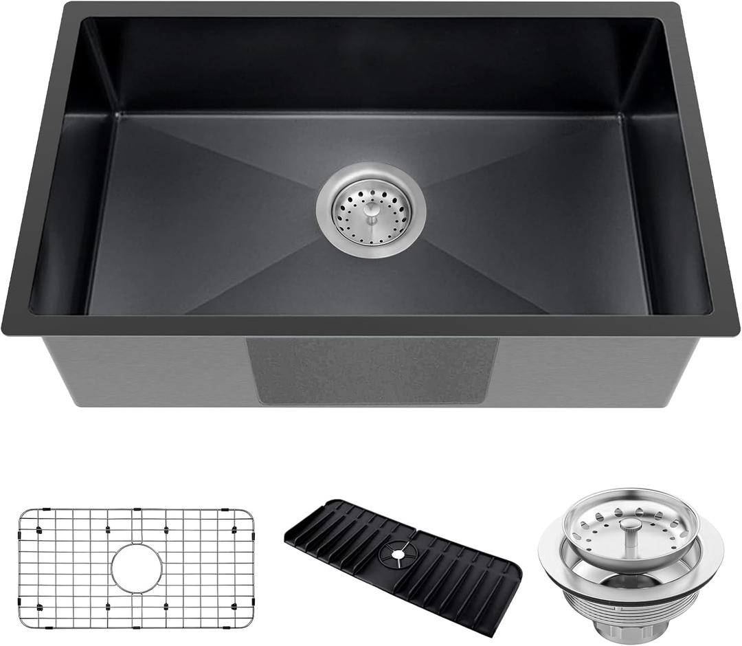 Black Kitchen Sink, Undermount Stainless Steel Bar Sink 30x18x9 Inch Drop In Single Bowl Kitchen Sink With Accessories-Sink Grid, Silicon Faucet Mat, Drain Assembly Set For Modern Kitchen Sink