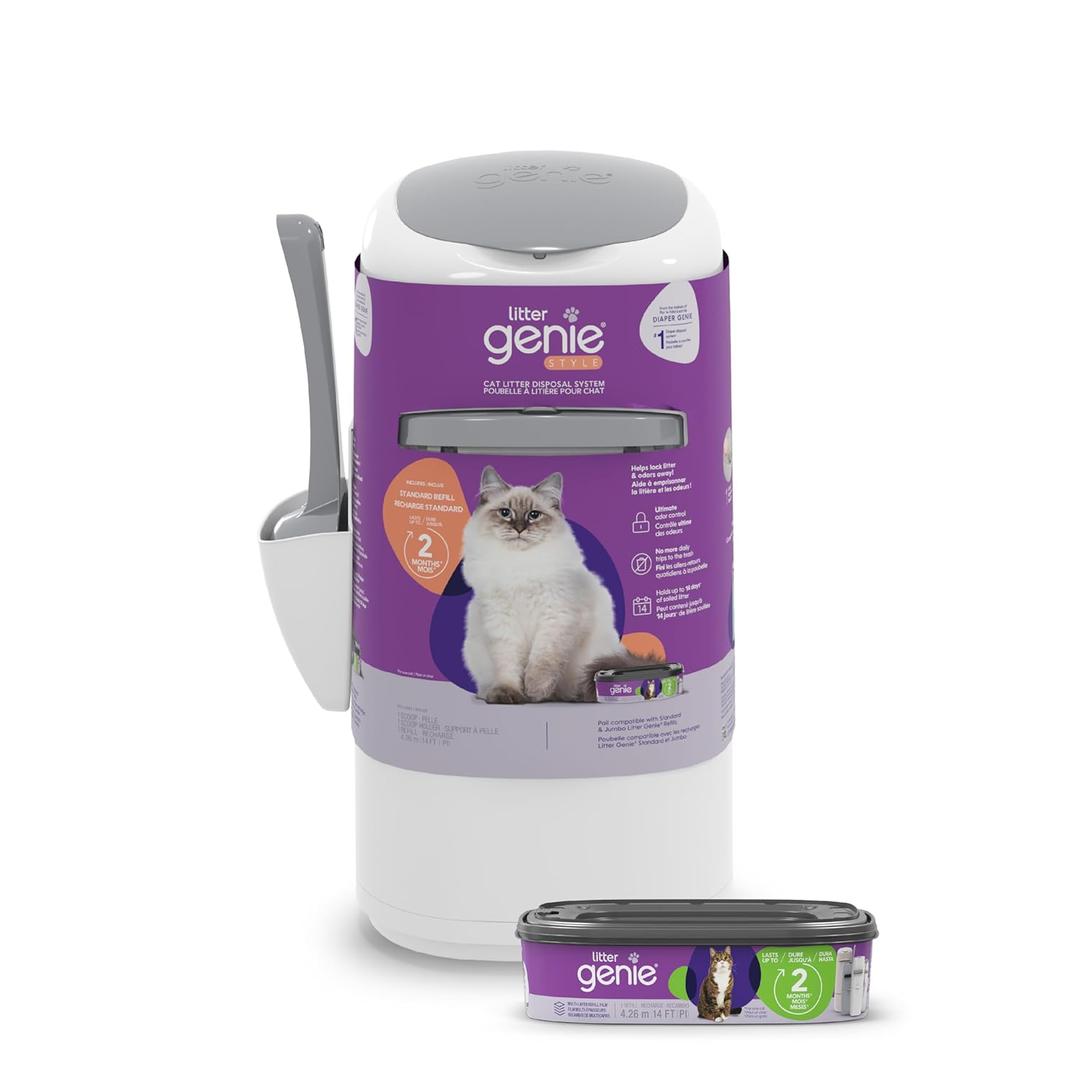 Litter Genie Style Pail |Cat Litter Waste Disposal System for Odor Control | Includes 1 Square Refill Bag (White)