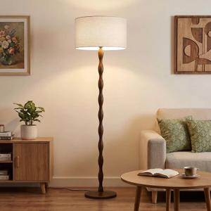 65" Mid-Century Wavy Walnut Wood Floor Lamp with Linen Drum Shade, Cream