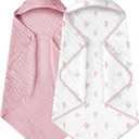 Yoofoss Hooded Baby Towels for Newborn 2 Pack 100% Muslin Organic Cotton Baby Bath Towel with Hood for Babies, Infant, Toddler and Kids, 32x32Inch, Soft and Absorbent Newborn Essential, Pink&Wh Leaf