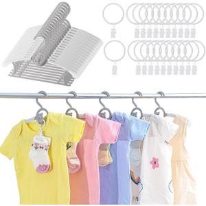 Hsei 30 Pcs Nursery Baby Hangers with 30 Pcs Ring Clips, Adjustable Baby Hangers with Clips, 10-13" Adjustable Children Hanger for Newborn Infant Socks Pants Closet Shirts