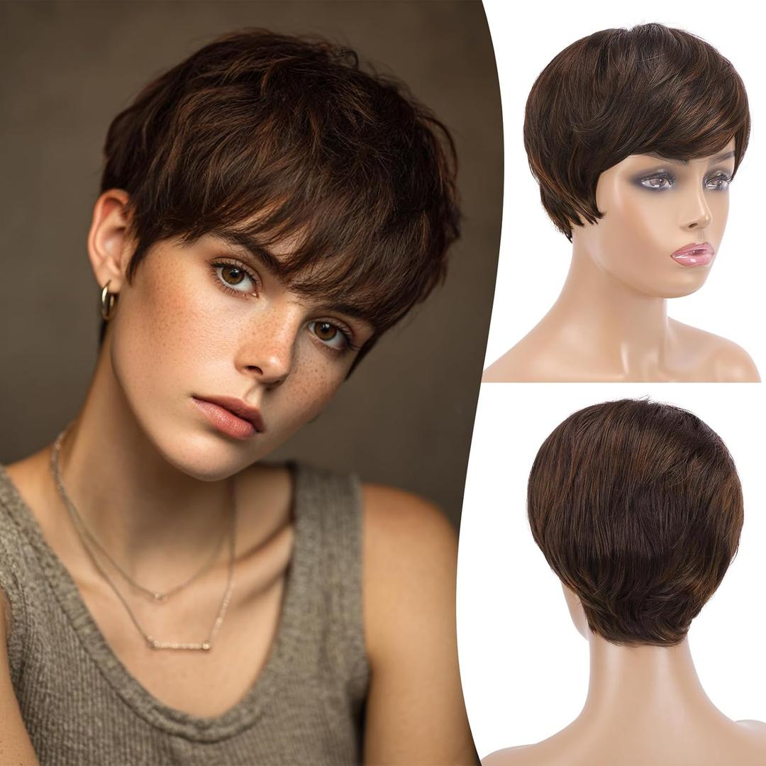 FESHFEN Pixie Cut Wigs Synthetic Short Brown Mixed Auburn Pixie Haircut Wig with Bangs Glueless Layered Wig Wavy Wigs for Women