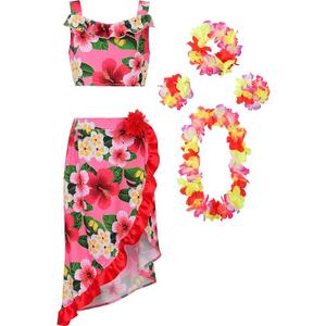 ReliBeauty Hawaiian Skirt Costume for Girls Red Flowers 6 Piece Kit (120)
