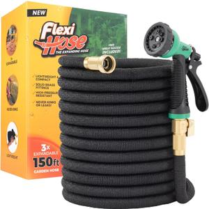 Flexi Hose with 8 Function Nozzle, 150FT - Lightweight Expandable Garden Hose, No-Kink Flexibility, 3/4 Inch Solid Brass Fittings and Double Latex Core (Black)
