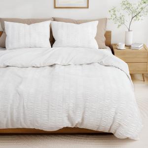 White Duvet Cover Queen Size, Seersucker 3 Pieces Bedding Set, Includes 1 Duvet Cover 90x90 Inches and 2 Pillowcases 20x26 Inches (White (No Comforter))