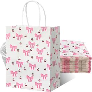 Brylla 16 PCS Pink Bows & Cherry Gifts Bag Bulk, Small Pink Gift Bag, Coquette Goodie Bag Party Favor Paper Bags for Birthday Party Wedding