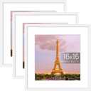 upsimples 16x16 Picture Frame Set of 3, Made of High Definition Glass for 12x12 with Mat or 16x16 Without Mat, Wall and Tabletop Display Photo Frames, White