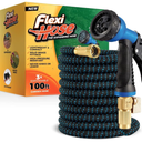 Flexi Hose Expandable Garden Hose with 8 Function Nozzle, 100FT - Lightweight Retractable Garden Hose, Water Hose - No-Kink Flexibility, 3/4 Inch Solid Brass Fittings and Double Latex Core, Missing End Fittings, Pre-Owned