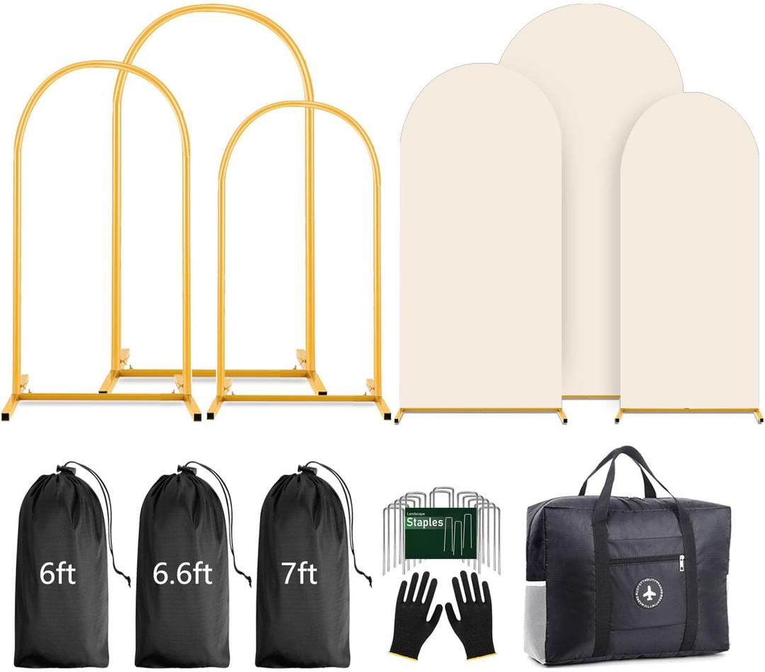 Arch Backdrop Stand and Cover Set (7.2ft,6.6ft,6ft) Metal Arch Frame Stand Gold, Wedding Birthday Party Baby Shower Graduation (Beige, 7.2Ft+6.6Ft+6Ft)