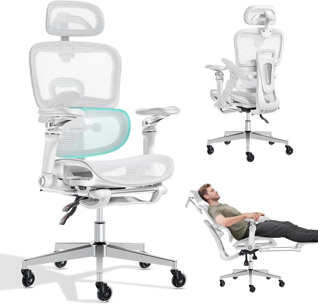 Ergonomic Office Chair with 9D Arms,Adjustable Seat Depth,3D Lumbar Support,135 Recline,3D Headrest & Footrest,Mesh Computer Desk Chair for Home & Executive Office Grey White