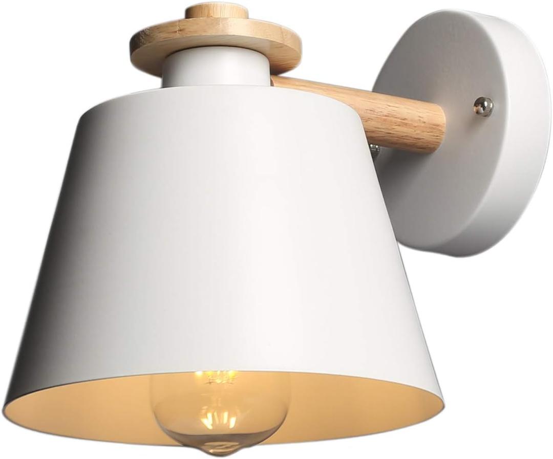 Modern Wooden White Metal Lamshade E27 Base Wall Lamp Vintage Decorate Wall Light Sconce Lighting Fixture for Bedroom Hotel Corridor Hallway