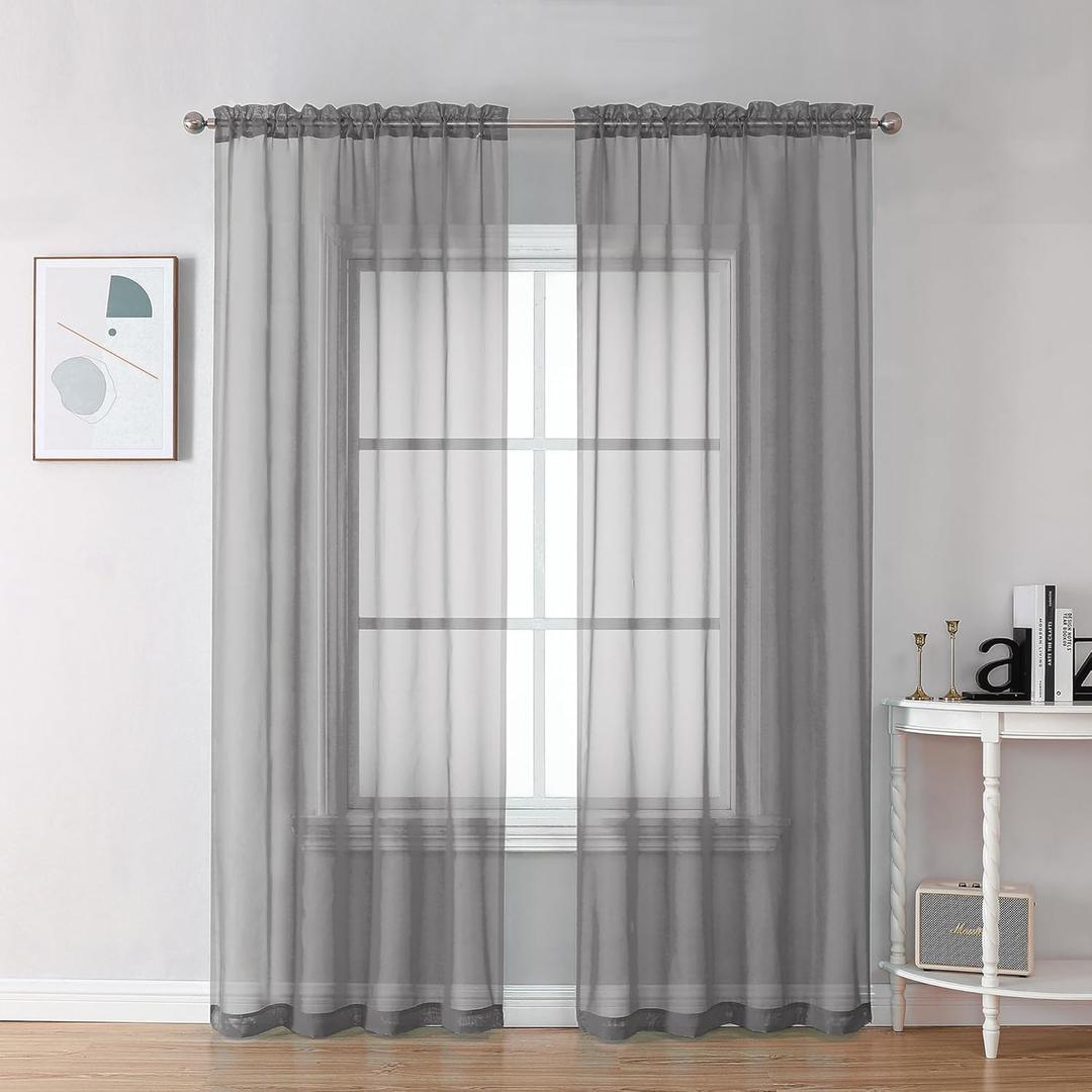 OVZME Grey Sheer Curtains - 96" Inch Length 2 Panels Set, Light Filtering Soft Rod Pocket Voile Drapes for Living Room/Bedroom, Each 42" W x 96" L
