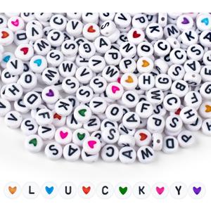 1000PCS Colourful Letter Beads for Threading, 4 x 7 MM, A-Z White Letter Beads and Colourful Heart Beads, Acrylic Round Beads for Jewellery DIY Making Crafts Bracelets Necklaces Ornaments Penda (Style 2)
