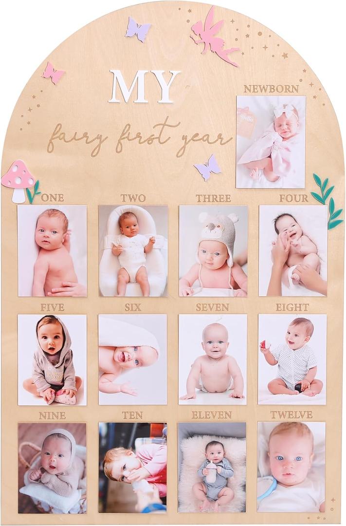 My First Year Photo Wood Board - Fairy 1st Birthday Nursery Decorations, 3d Princess First Year Picture Frame, 12 Months Butterfly Milestone Board Sign, 1-12 Months Photo Board Party Supplies, 22.4 * 14.5 inches , 4 * 3 inches