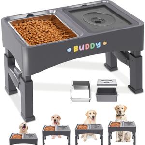 Decflow 2-in-1 Elevated Dog Bowls, 4 Height Adjustable Raised Dog Bowls with Stainless Steel Dog Food Bowls & No Spill Water Bowl, DIY Stickers Foldable Pet Bowl for Medium Large Dogs