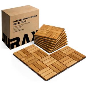 Premium Patio Deck Tiles, 10 PCs 12x12 Snap Together Wood Flooring for Outdoor, Balcony, Porch, Poolside, Waterproof All Weather, Golden Teak