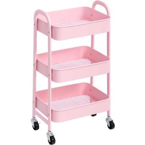 AGTEK 3 Tier Utility Rolling Cart with Lockable Wheels, Metal Multifunctional Storage, Organizer Cart for Kitchen, Office, Living Room, Makeup, Craft, Art Studio, Pink