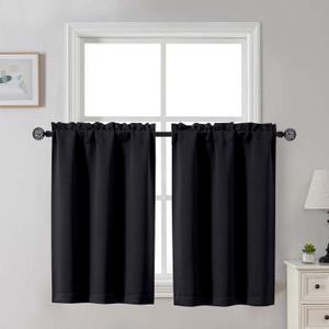 Gwine Black Blackout Curtains for Small Window Treatment, Light Blocking Short Kitchen Window Curtains Over Sink, Rod Pocket Half Window Tiers for Bathroom Basement, Each 30" Wx36 L, 2 PCS