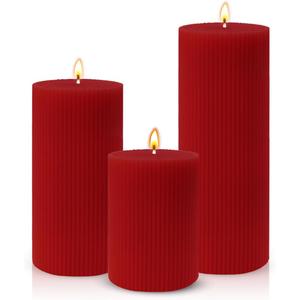 3-Pack Red Ribbed Pillar Candles  Elegant Handmade Fat Candles for Home & Events, 3" D, 4"/6"/8" H, Dripless and Long Burning