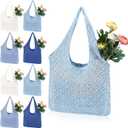 Mesh Beach Bag Crochet Tote Bag Straw Crochet Purses for Women Raffia Tote (Blue)