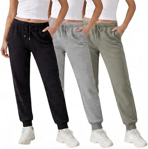 Common Stitch 3 Pack Fleece Joggers for Women — Deep Pockets, Slim Fit, Elastic Drawstring Waist S