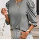 Tankaneo Womens 3/4 Length Sleeve Tops Dressy Casual Blouse Puff Sleeve Cute Trendy T Shirts with Smocked Cuffs (Gray)