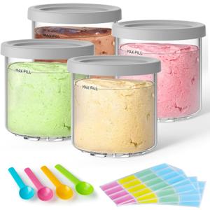 4 Pack Creami Pint Containers and Lids for Ninja with 4 spoons and writable labels, Compatible with Ninja NC299 NC300 NC301 Series Cream Maker Machine Accessories, BPA Free & Dishwasher Safe, Grey