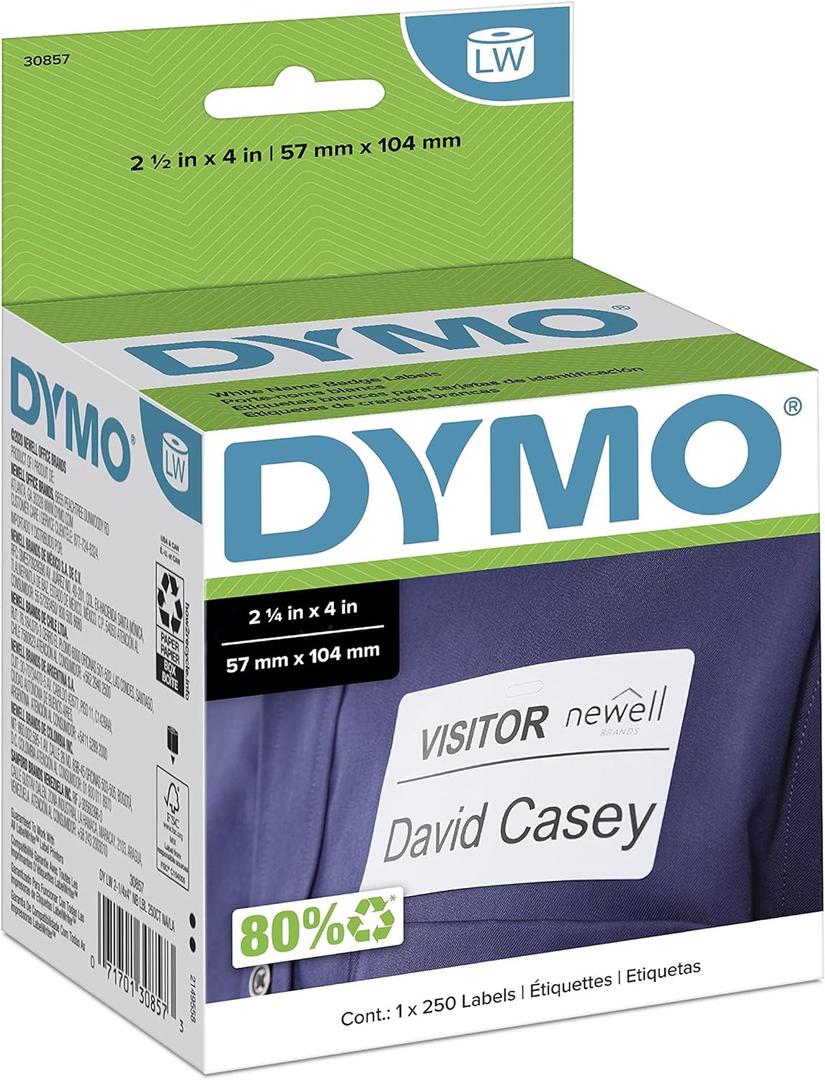 DYMO Authentic LW Name Badge Labels DYMO Labels for LabelWriter Printers White 2-1/4" x 4" 1 Roll of 250