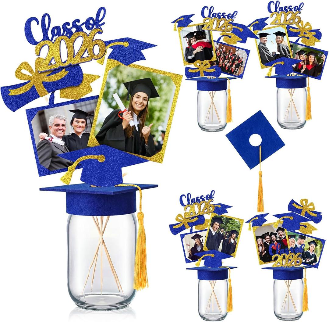 Vesici 4 Sets Blue 2026 Graduation Table Decorations Mason Jar Graduation Decoration 4 Mason Jars with Grad Cap 24 Glitter Class of 2026 Congrat Grad Decor with Stick for College High School Party