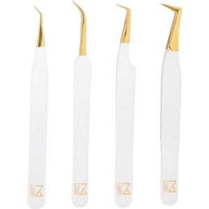 M LASH Tweezers for Eyelash Extensions (Set of 4) - Professional Lash Extension Tweezers - Fiber Tip, Japanese Steel, Diamond Grip Eyelash Extension Tweezer set (White)