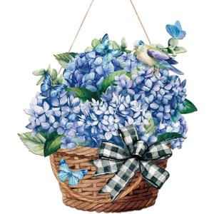 Capoda Spring Door Sign Decor Blue Hydrangea Door Hanger Welcome Spring Flower Butterfly Farmhouse Rustic Hanging Plaque Decorations for Easter Home Room Indoor Outdoor Wall Decor, 11.81 x 11.81 Inch