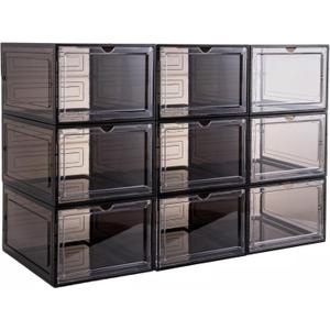 Attelite X-Large Clear Plastic Shoe Boxes - Stackable Shoe Organizer with Magnetic Door, Drop Front Display Box (9 Pack, Clear Black)