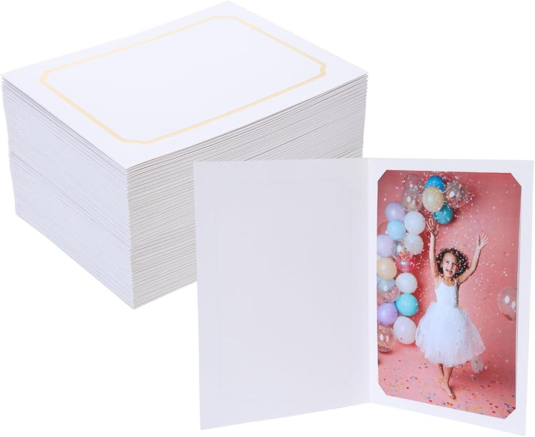 100 Pack Photo Folder Frame for 4x6 or 5x7 Pictures, Paper Picture Frames Bulk, Cardboard Photo Frames,Great for Mother's Day Father's Day Graduation Wedding Birthday Classroom Craft DIY(White with Gold Trim)