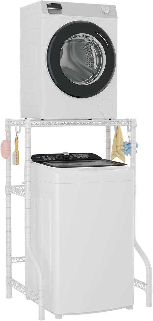 U16 Upgraded Washer Dryer Stacking Rack for Narrow Laundry Room and Bathroom, Metal Over Washer and Dryer Storage Shelves for Saving Space, 29.5" W x 23.6" D x 53.1" H, White