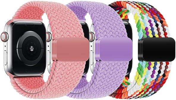 3 Pack Braided Magnetic Clasp Bands for Kids Apple Watch 38/40/41/42/44/45/46mm, Elastic Stretchy Strap Compatible with iWatch Series 11 10 9 8 7 6 5 4 3 2 1 SE3 SE2 SE Girls Boys Small Wrist (Pink+Lavender+Rainbow)